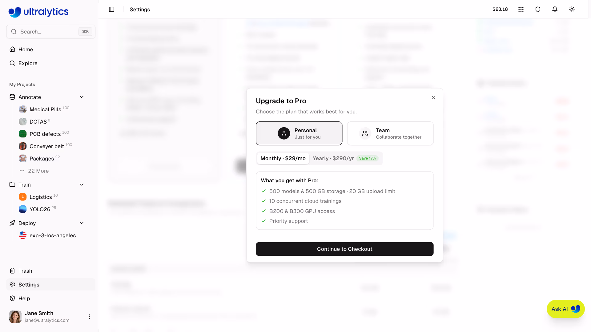Ultralytics Platform Settings Plans Tab Upgrade to Pro Dialog