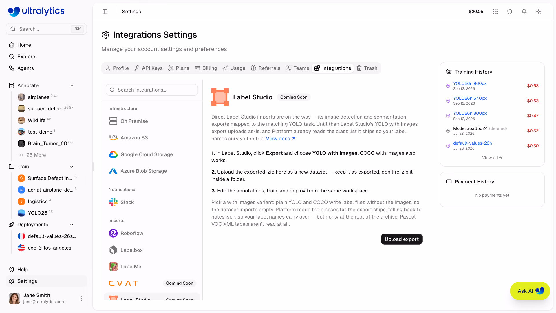 استيراد مجموعة بيانات Label Studio إلى Ultralytics Platform