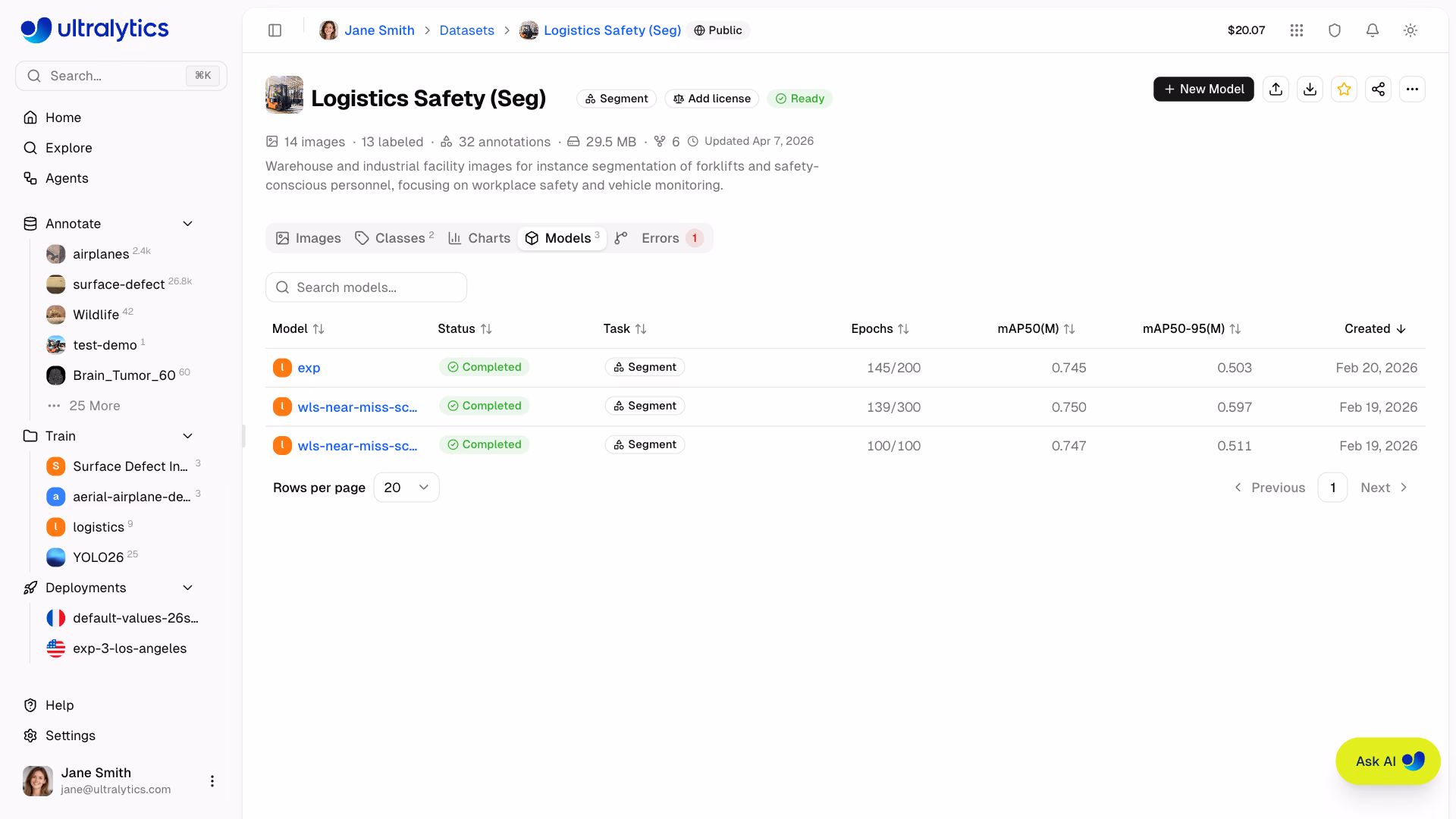 Ultralytics Platform Datasets Models Tab Trained Models Table
