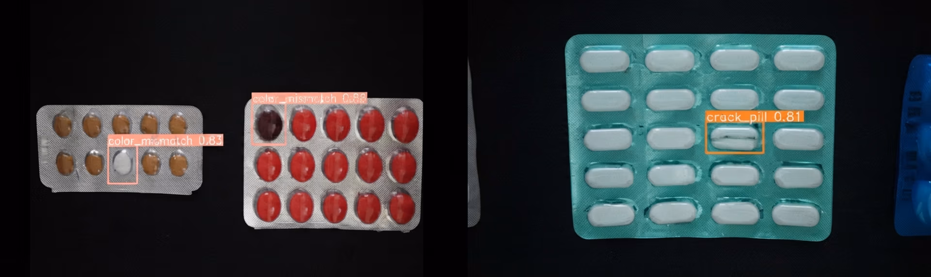 Computer vision detecting color mismatches and cracked pills in blister packs