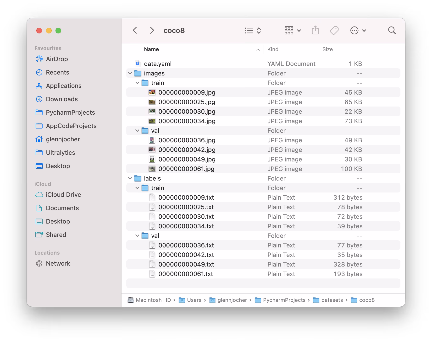 YOLO dataset directory structure with train and val folders
