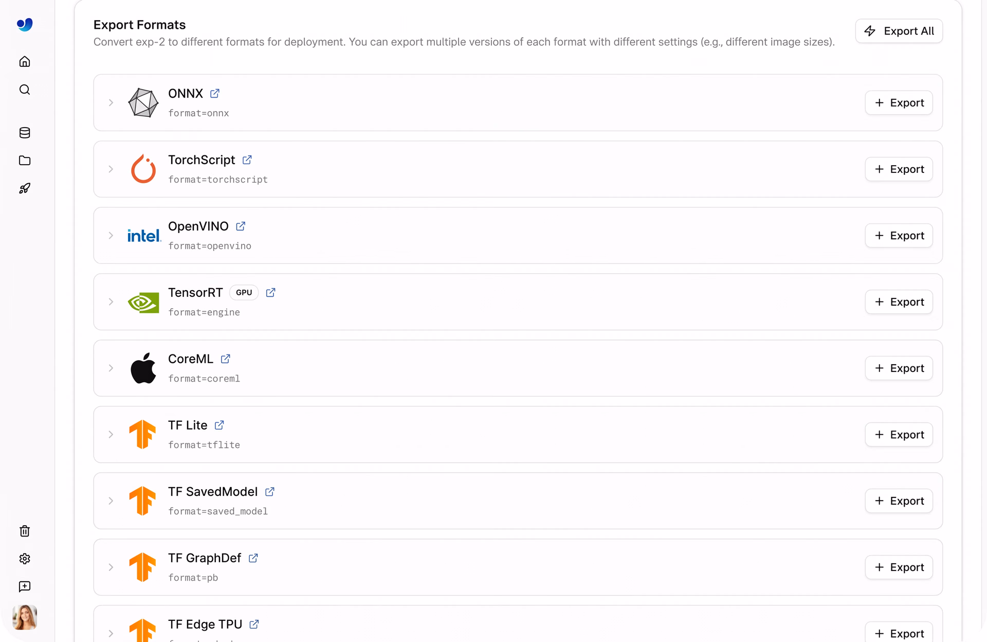 Some of the export formats available within Ultralytics Platform