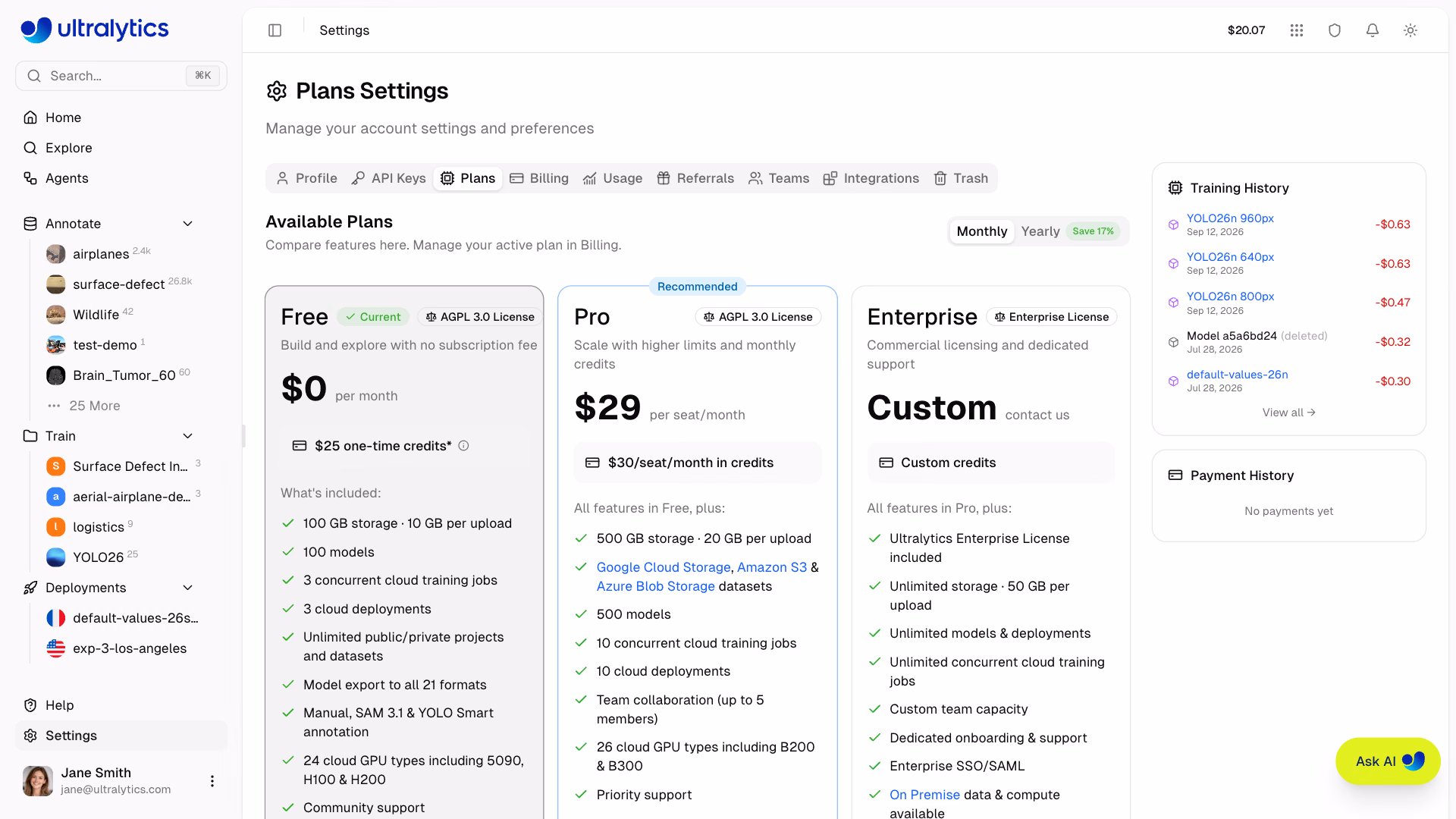 Ultralytics Platform Settings Plans Tab Free Pro Enterprise Comparison