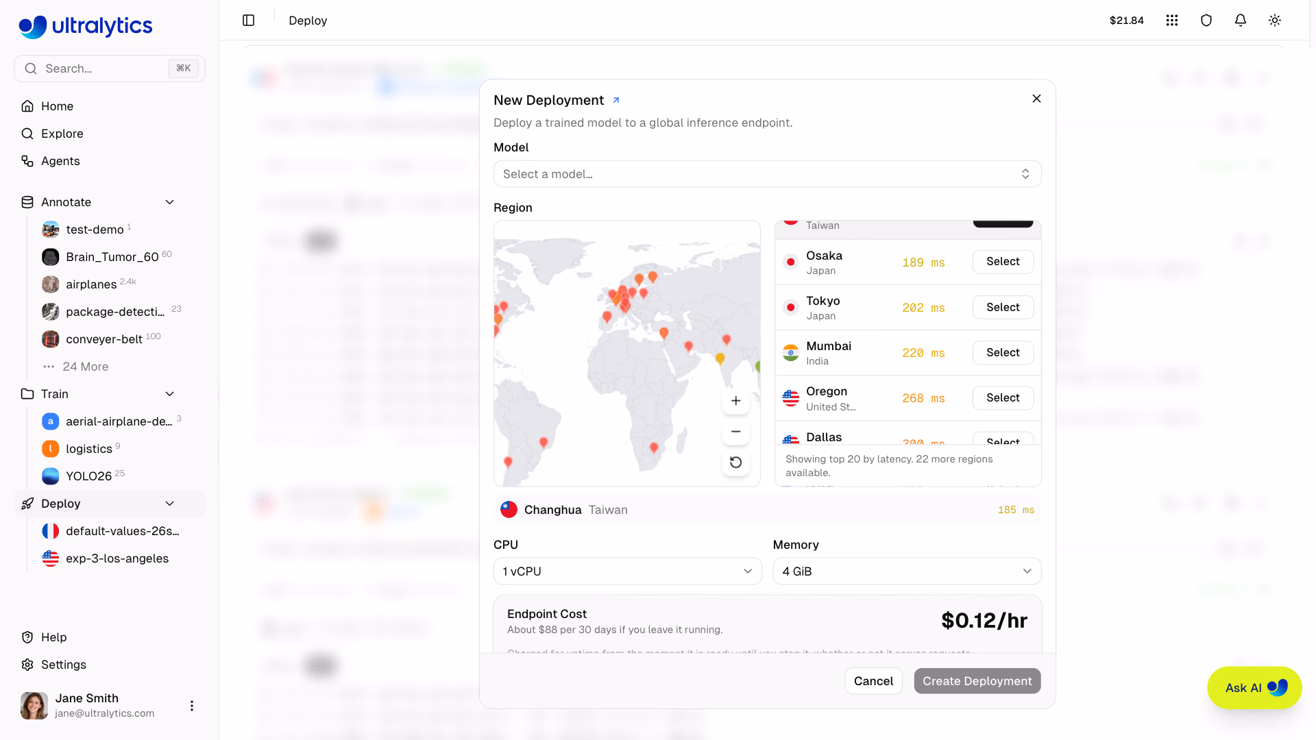 Ultralytics Platform New Deployment Dialog Custom CPU Memory Pricing
