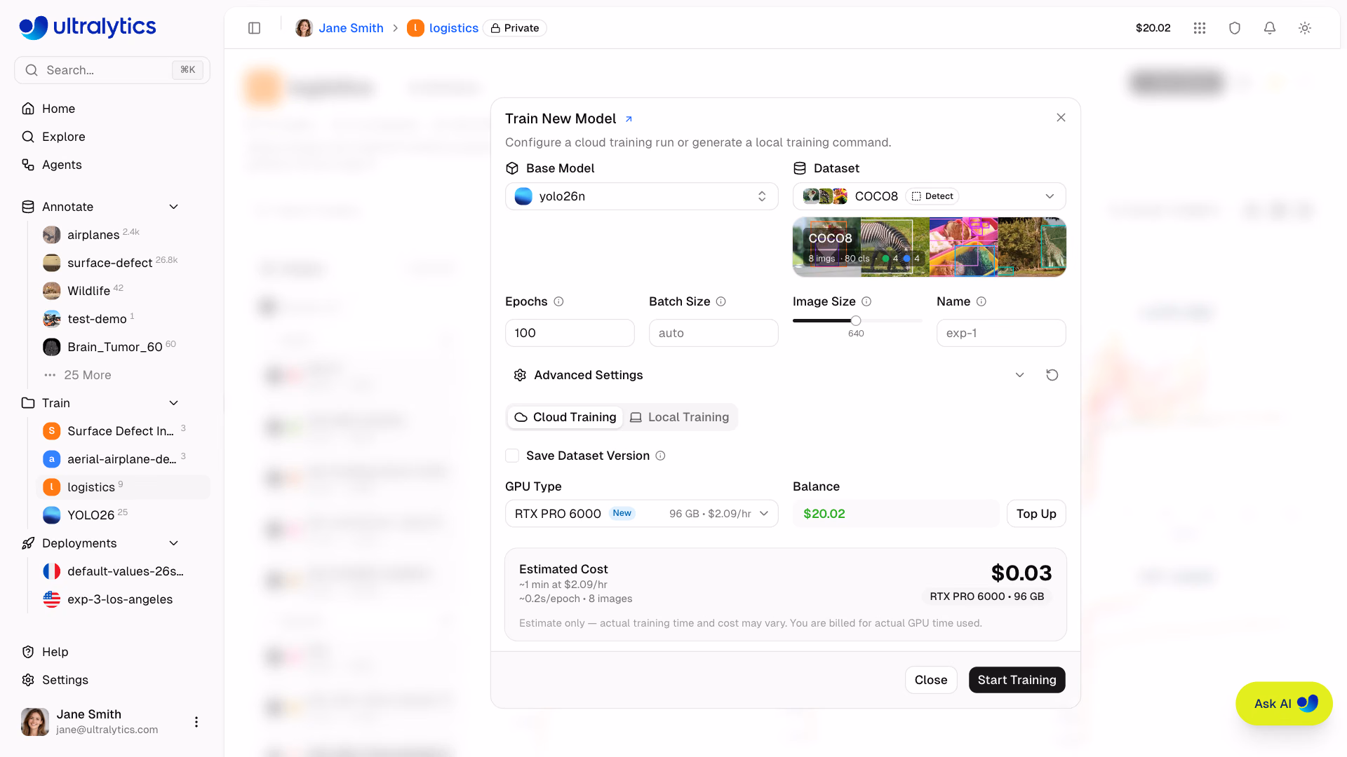 Ultralytics Platform Training Billing Details