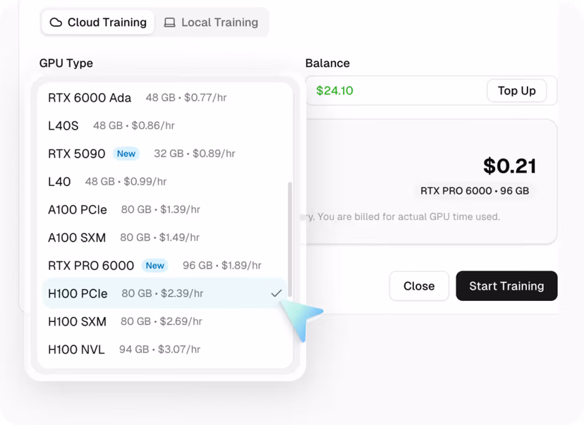 GPU selection menu showing various GPU types with memory and hourly cost, highlighting H100 PCIe at $2.89/hr, balance of $24.10, and buttons for Close and Start Training.