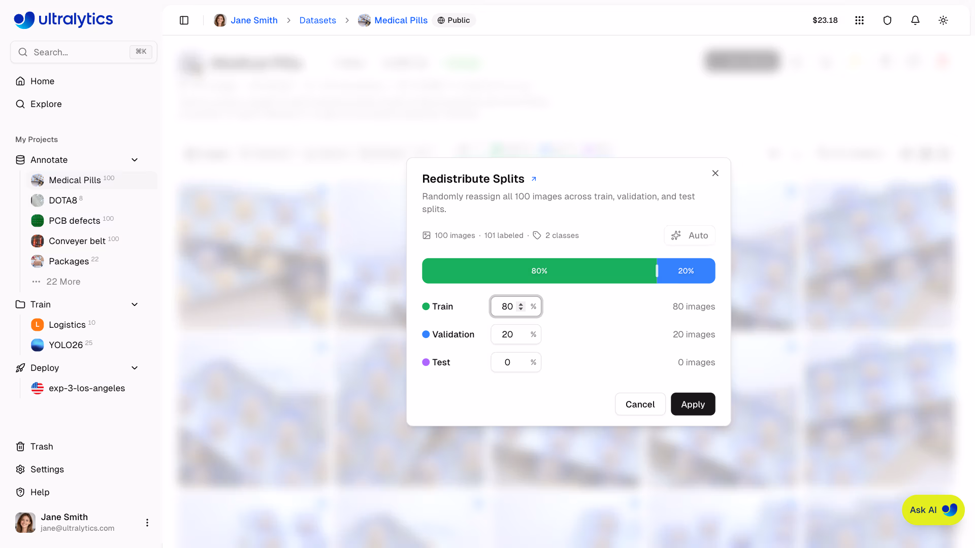 Ultralytics Platform Datasets Split Redistribution Dialog