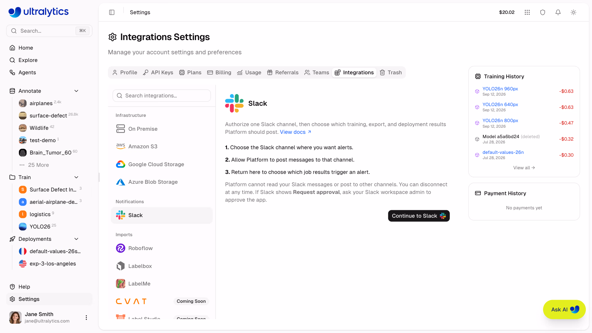 إعداد تكامل Slack في منصة Ultralytics