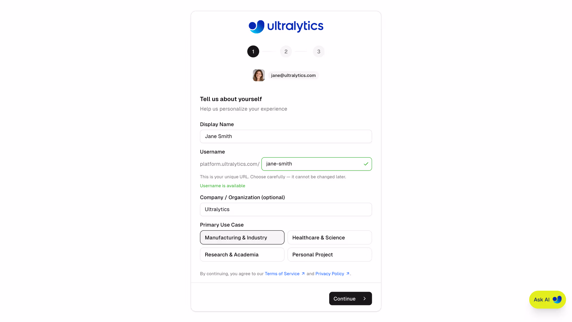 Ultralytics Platform Onboarding Profile With Use Case