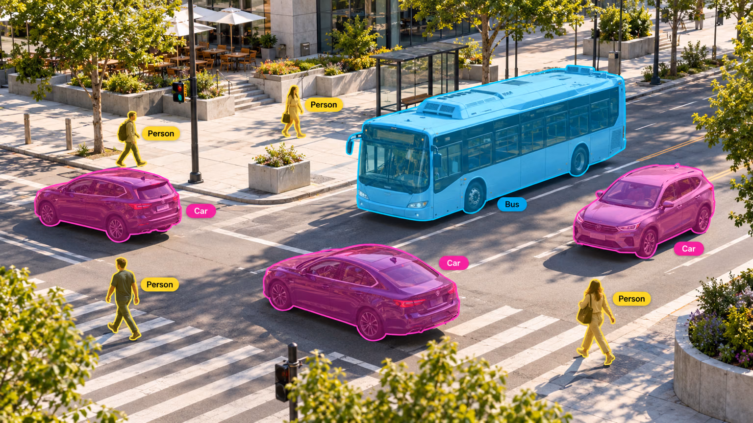 Ultralytics YOLO instance segmentation of a city crosswalk, with a separate mask for each car, the bus, and every pedestrian