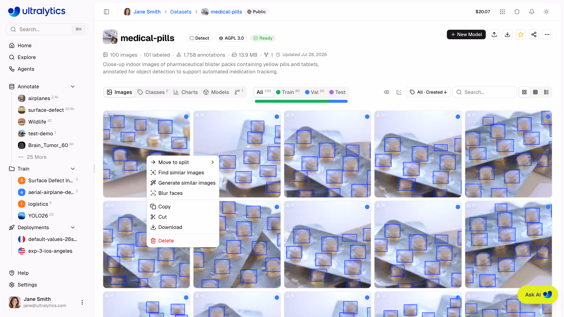 Ultralytics Platform Datasets Image Card Context Menu