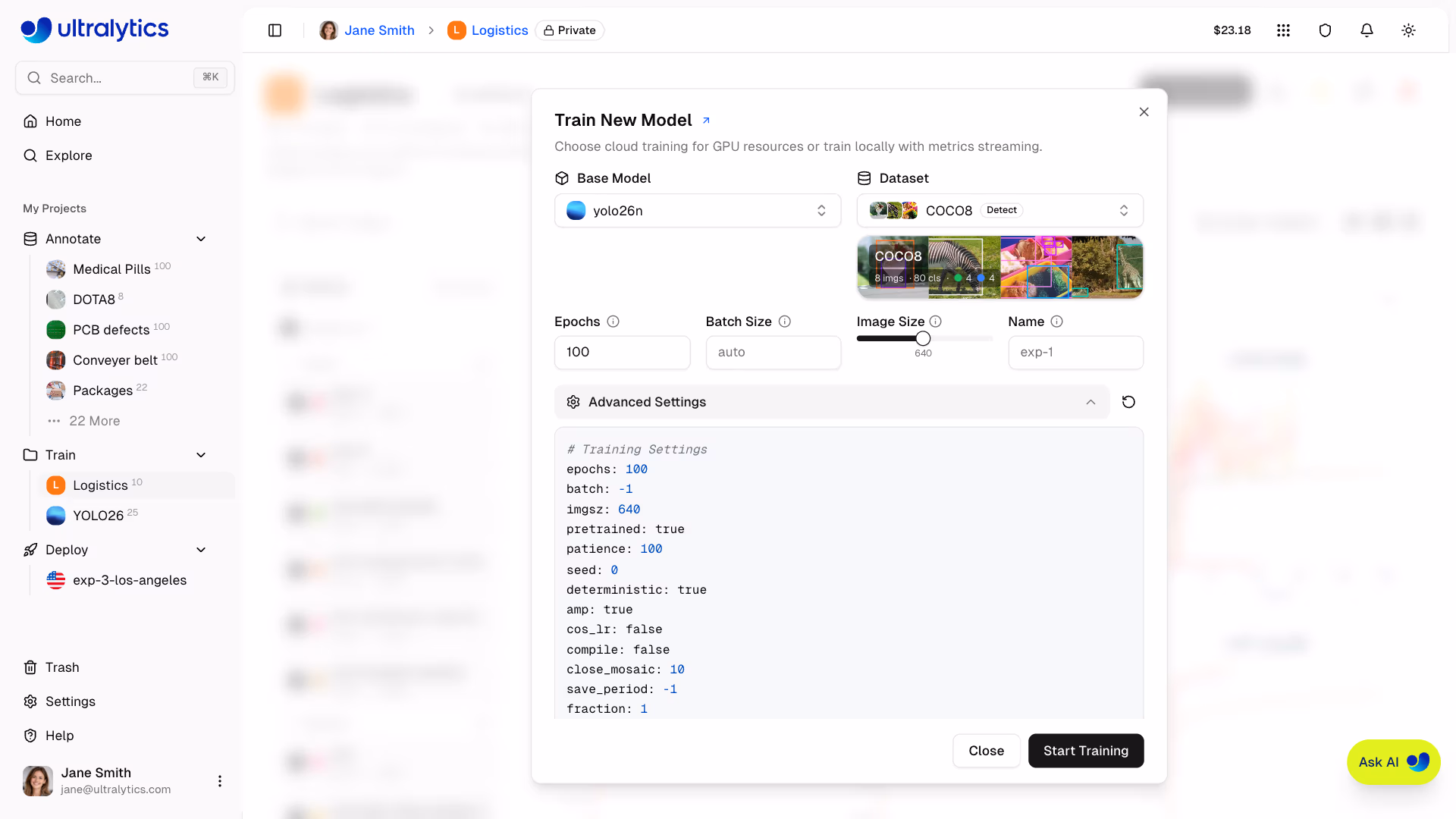 Ultralytics Platform Training Dialog Copy Training Config JSON