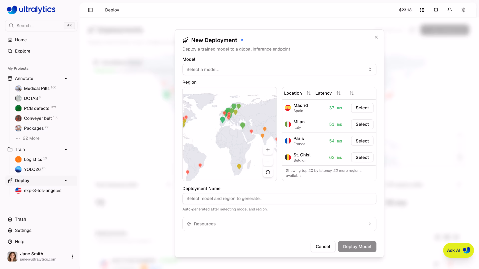 Ultralytics Platform New Deployment Dialog With Model Selector And Region Map