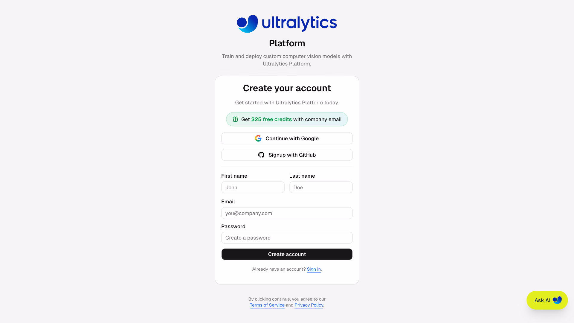 Ultralytics Platform Signup