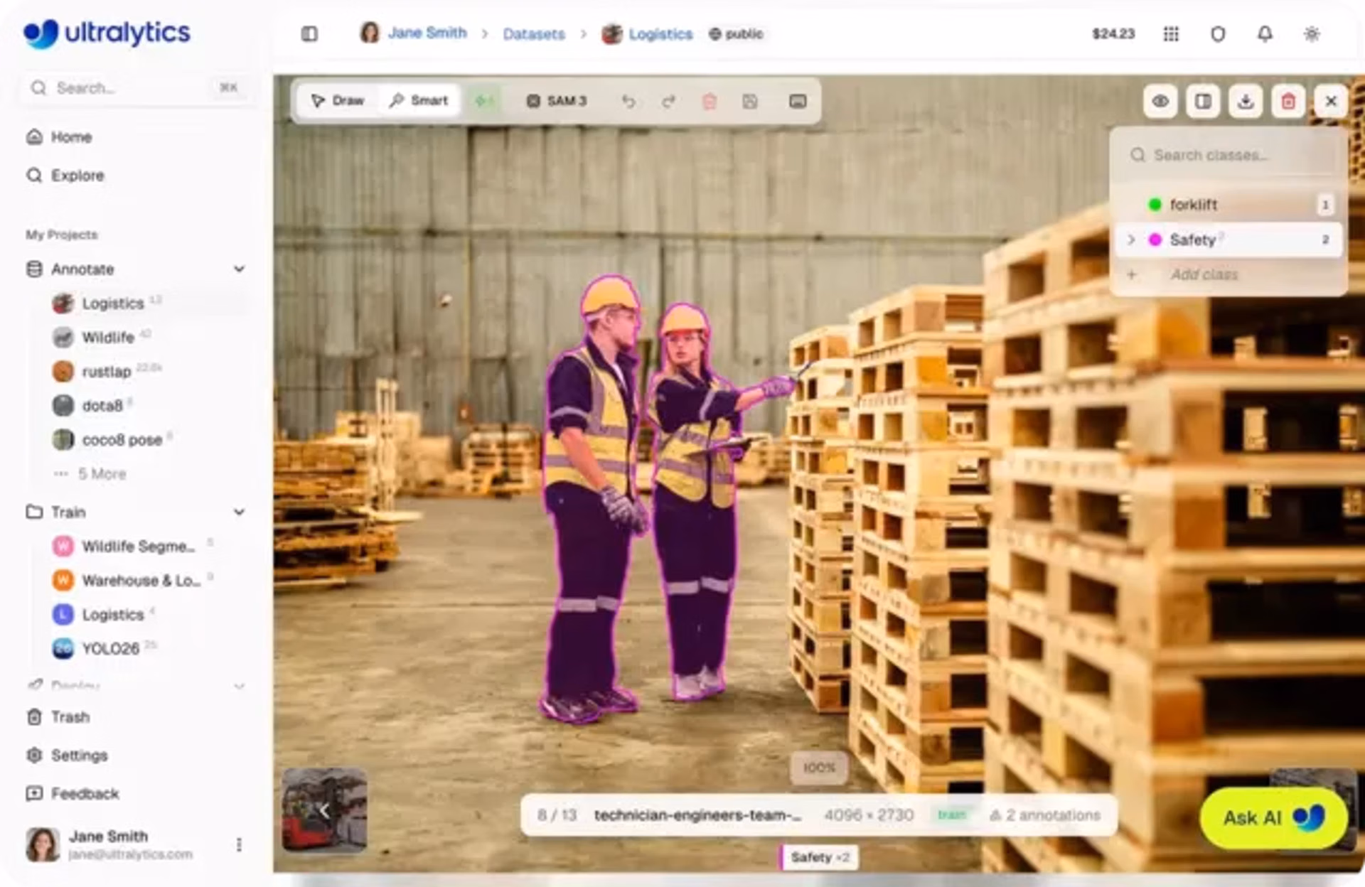 Chú thích đa giác được hỗ trợ bởi SAM trong Ultralytics Platform