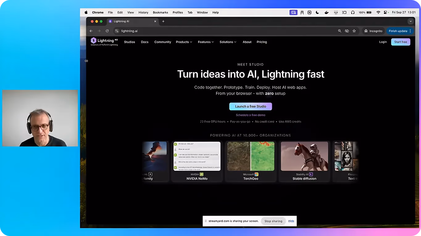 Luca Antiga apresentando remotamente sobre o Lightning Studios no YV24