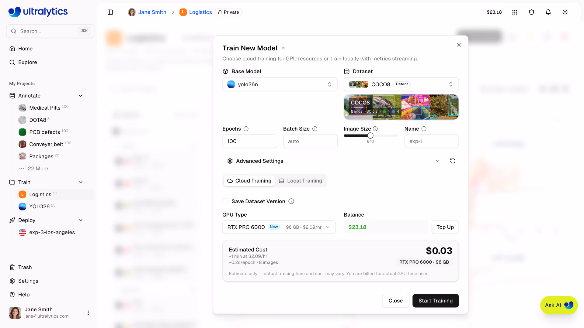 Ultralytics Platform Quickstart Training Dialog Cloud Tab
