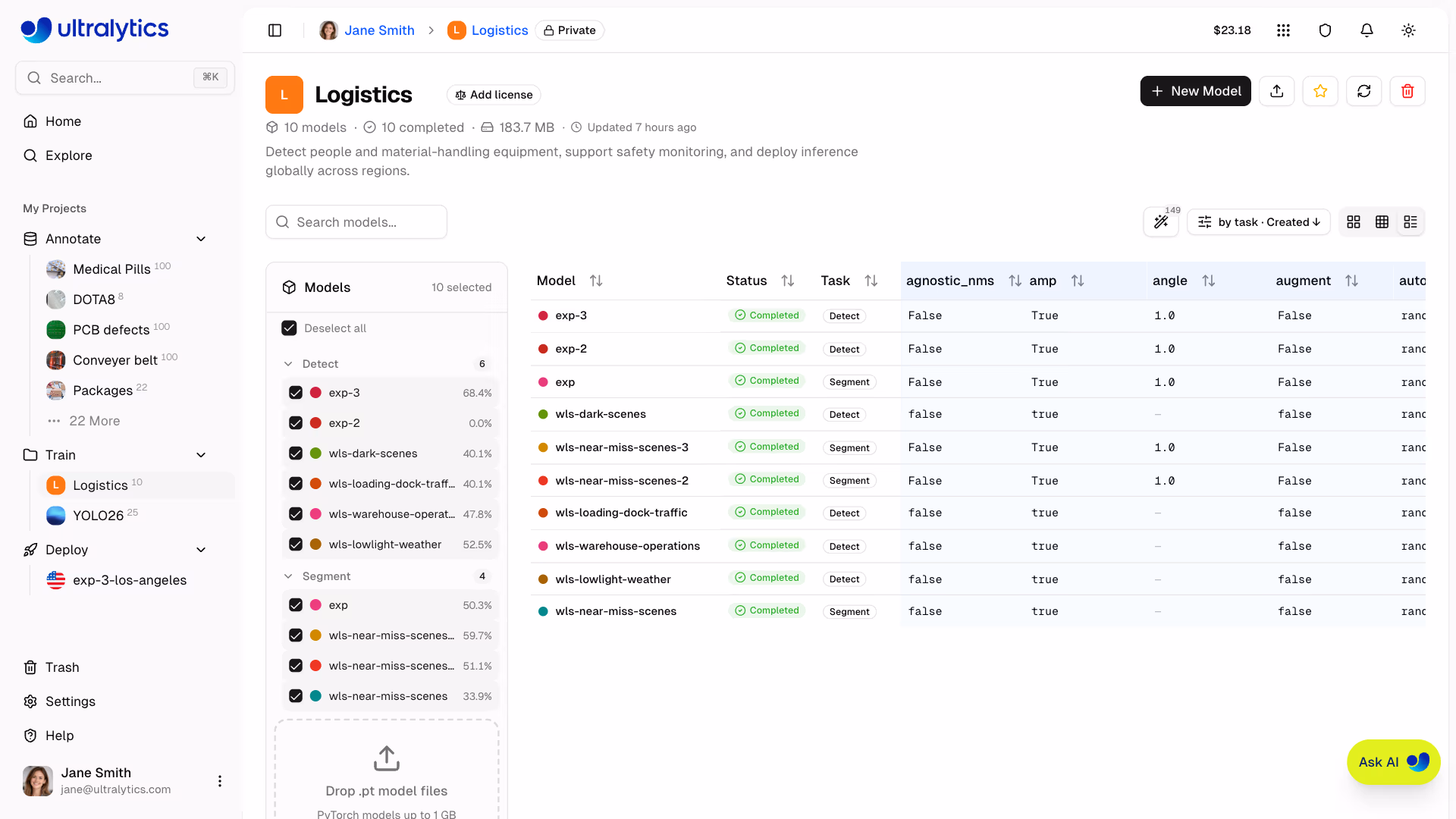 Ultralytics Platform Project Comparison Table View