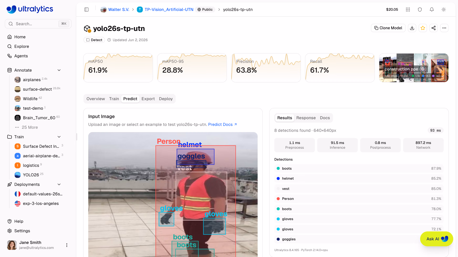 Ultralytics Platform Predict Tab Results With Detections And Speed Stats
