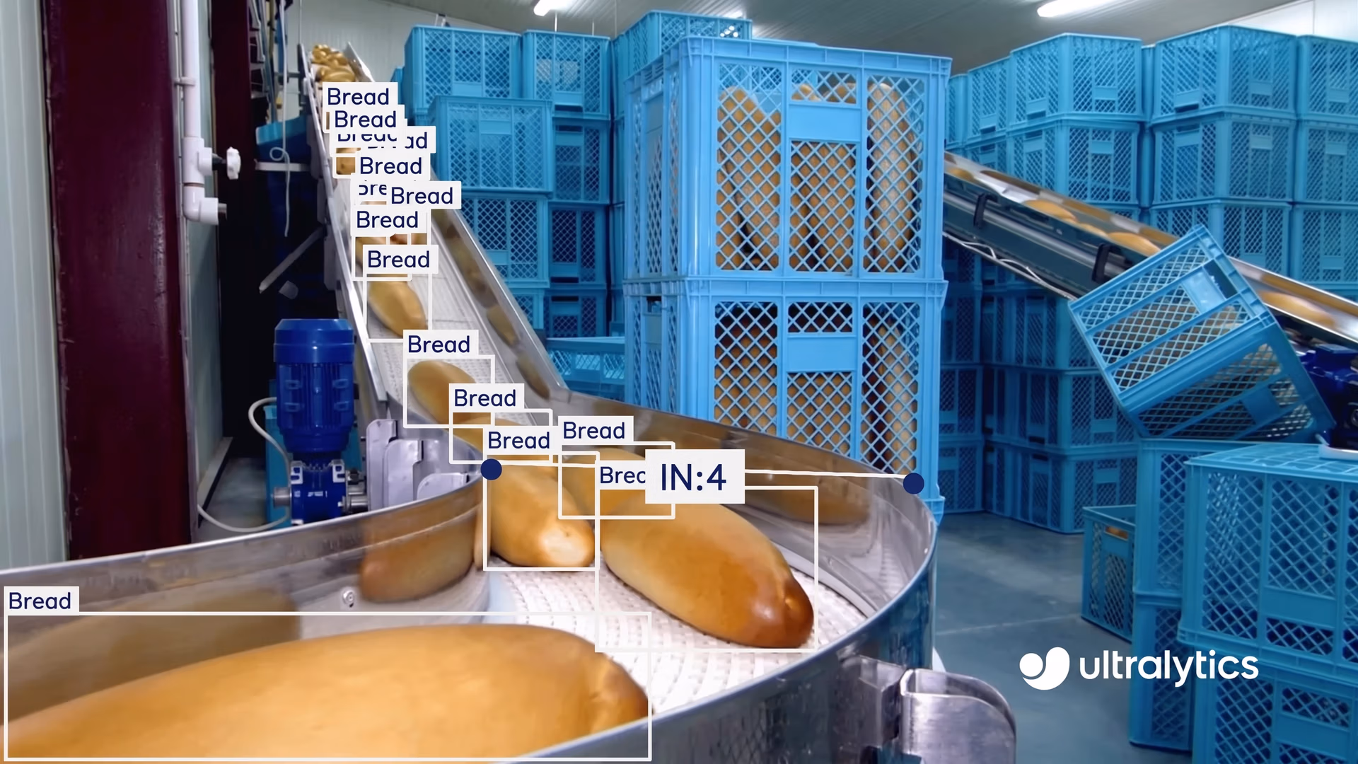 Ultralytics YOLO11 counting and monitoring bread in a food production facility