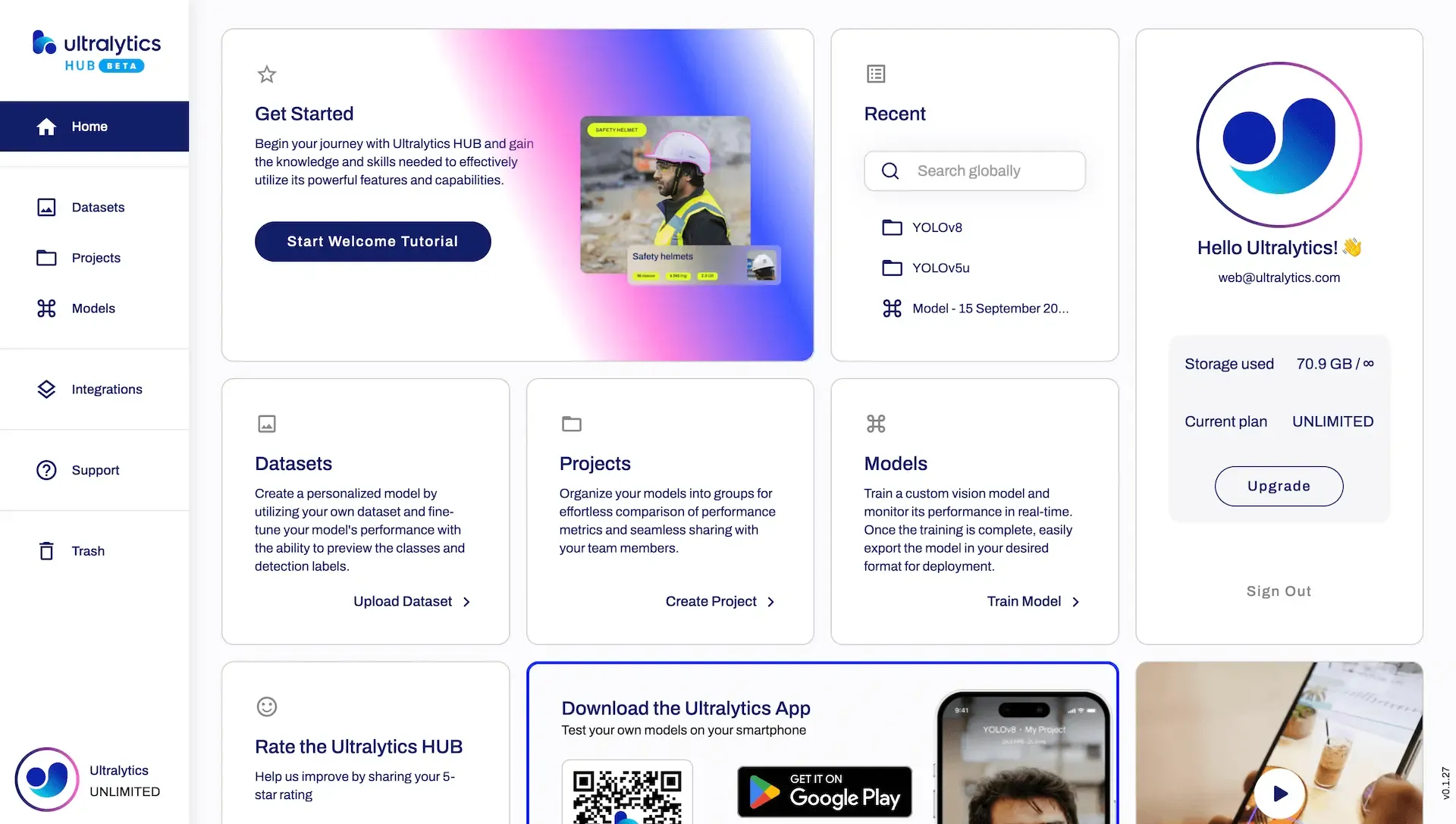 Главная страница Ultralytics HUB