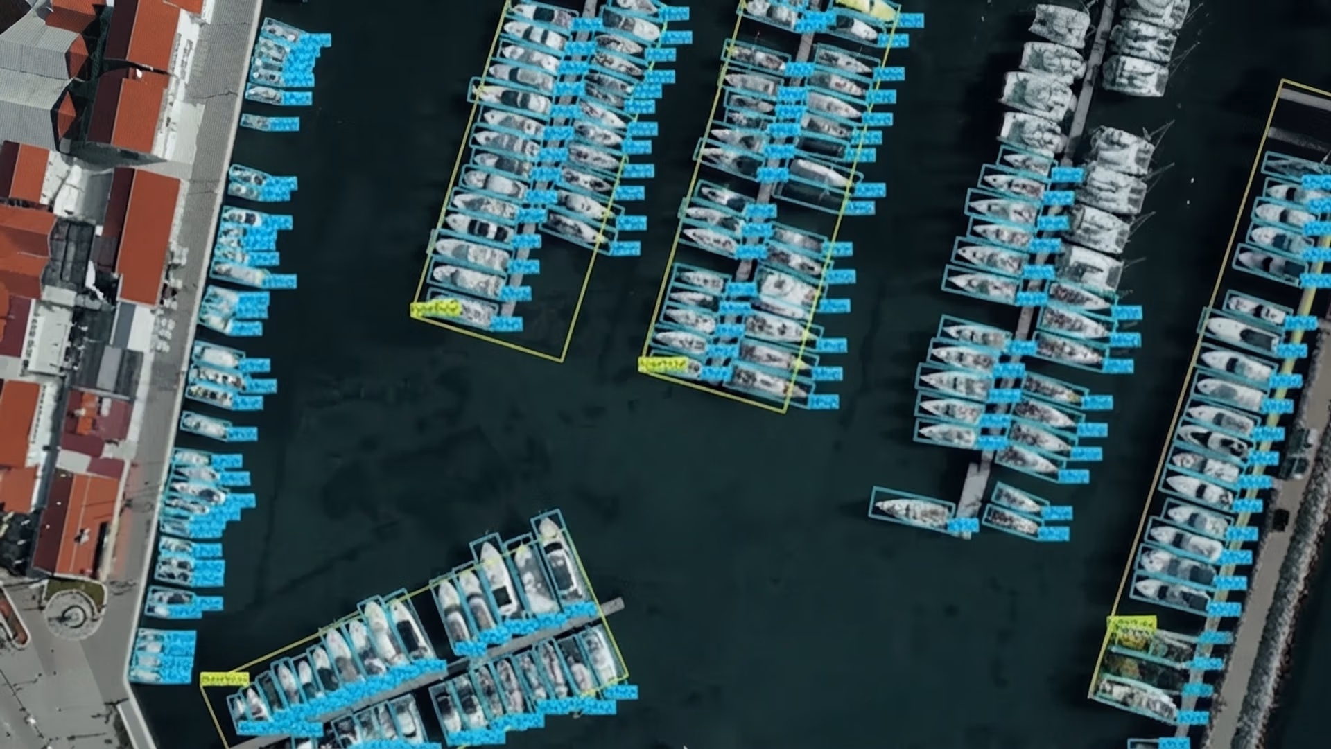 YOLO performing oriented bounding box detection on aerial imagery