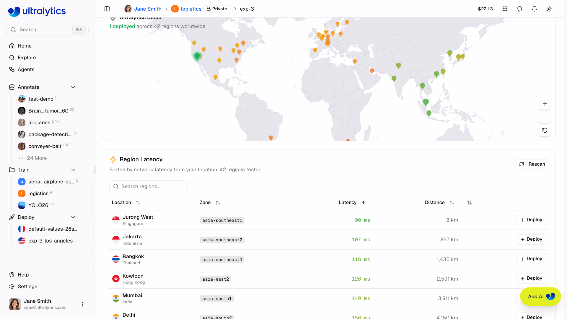 Ultralytics Platform Deploy Tab Region Latency Table Sorted By Latency