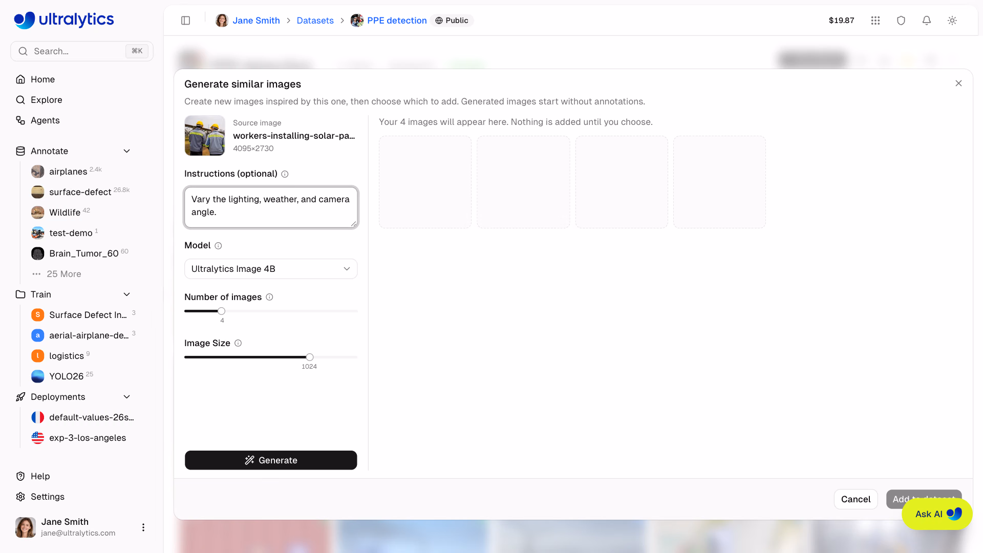 Ultralytics Platform Datasets Generate Similar Images Dialog