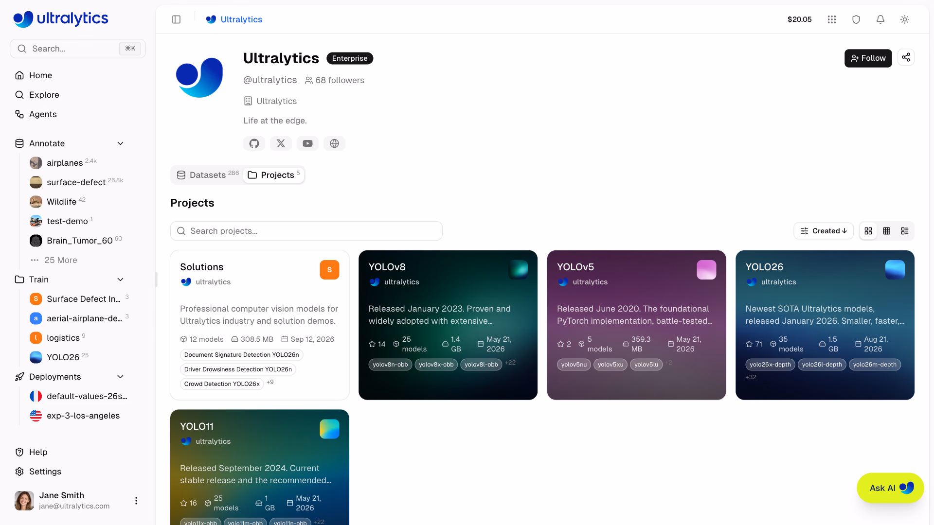 Ultralytics Platform User Profile Public Content