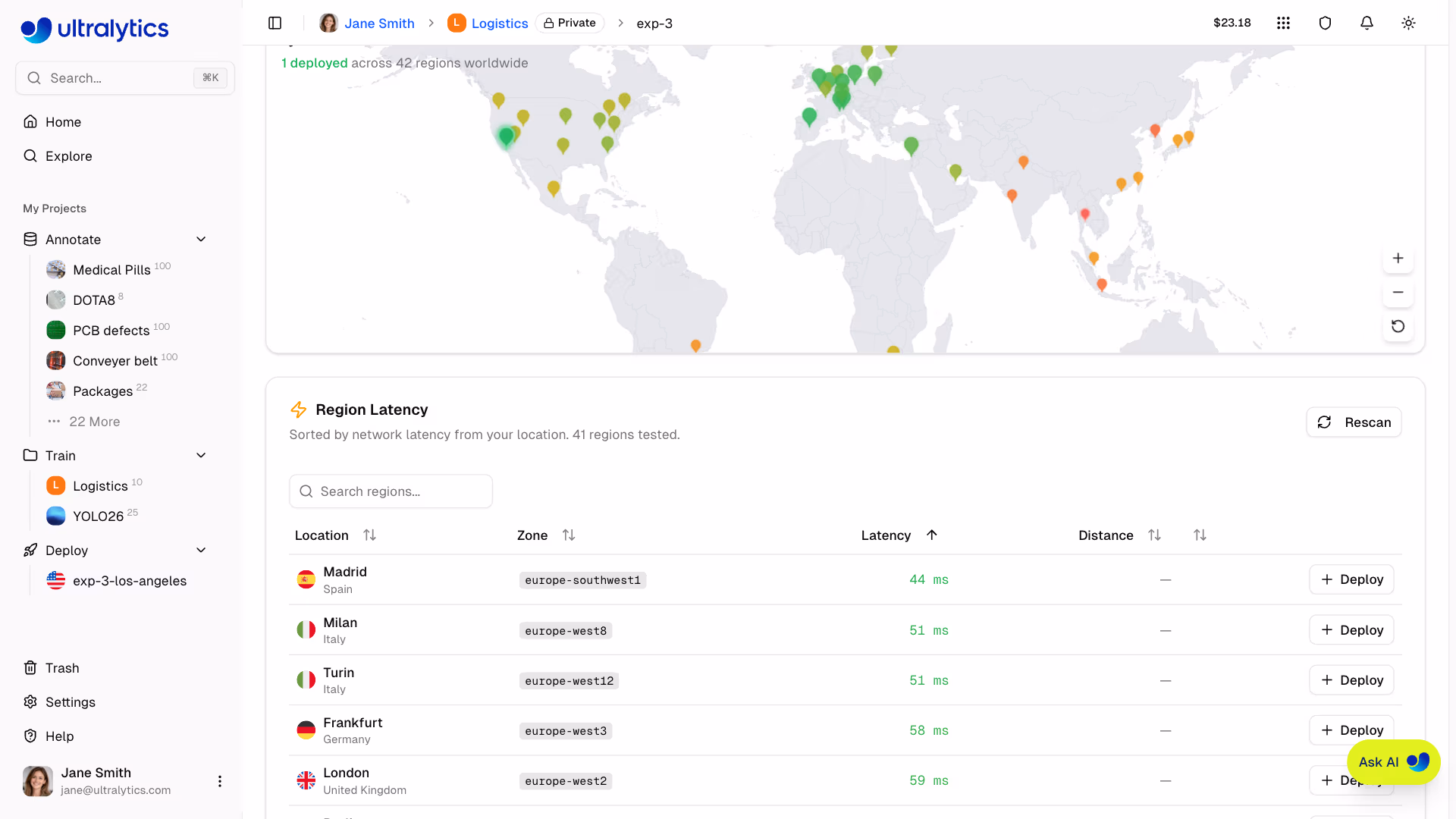 Ultralytics Platform Deploy Tab Region Map With Latency