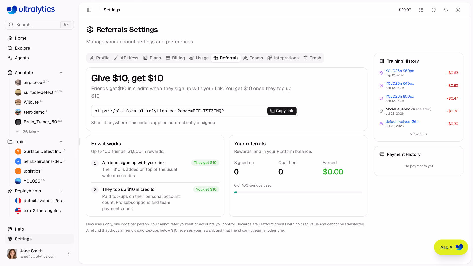 Ultralytics Platform Settings Referrals Tab