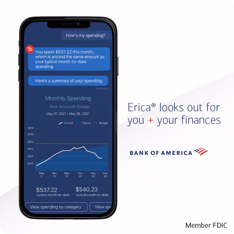 Erica, l'assistant virtuel IA de Bank of America, montrant les mises à jour des dépenses mensuelles