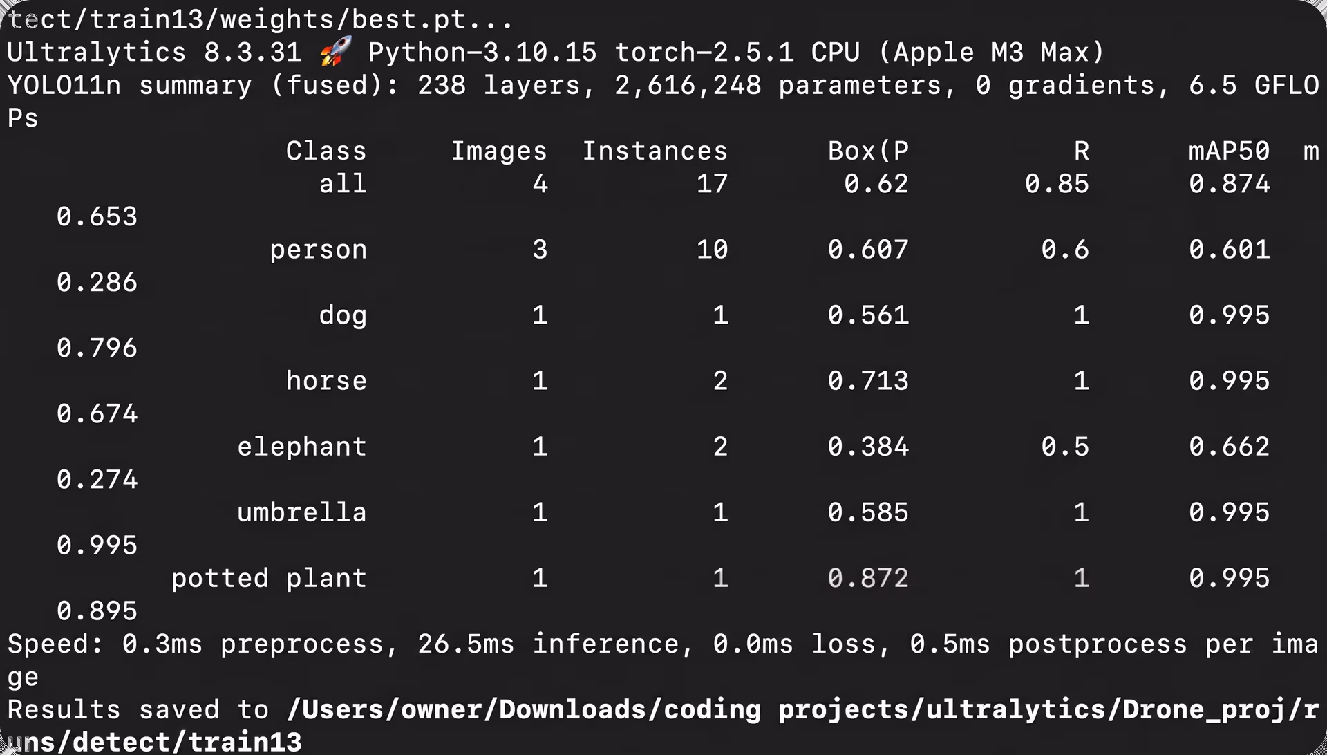 The output shown after model training