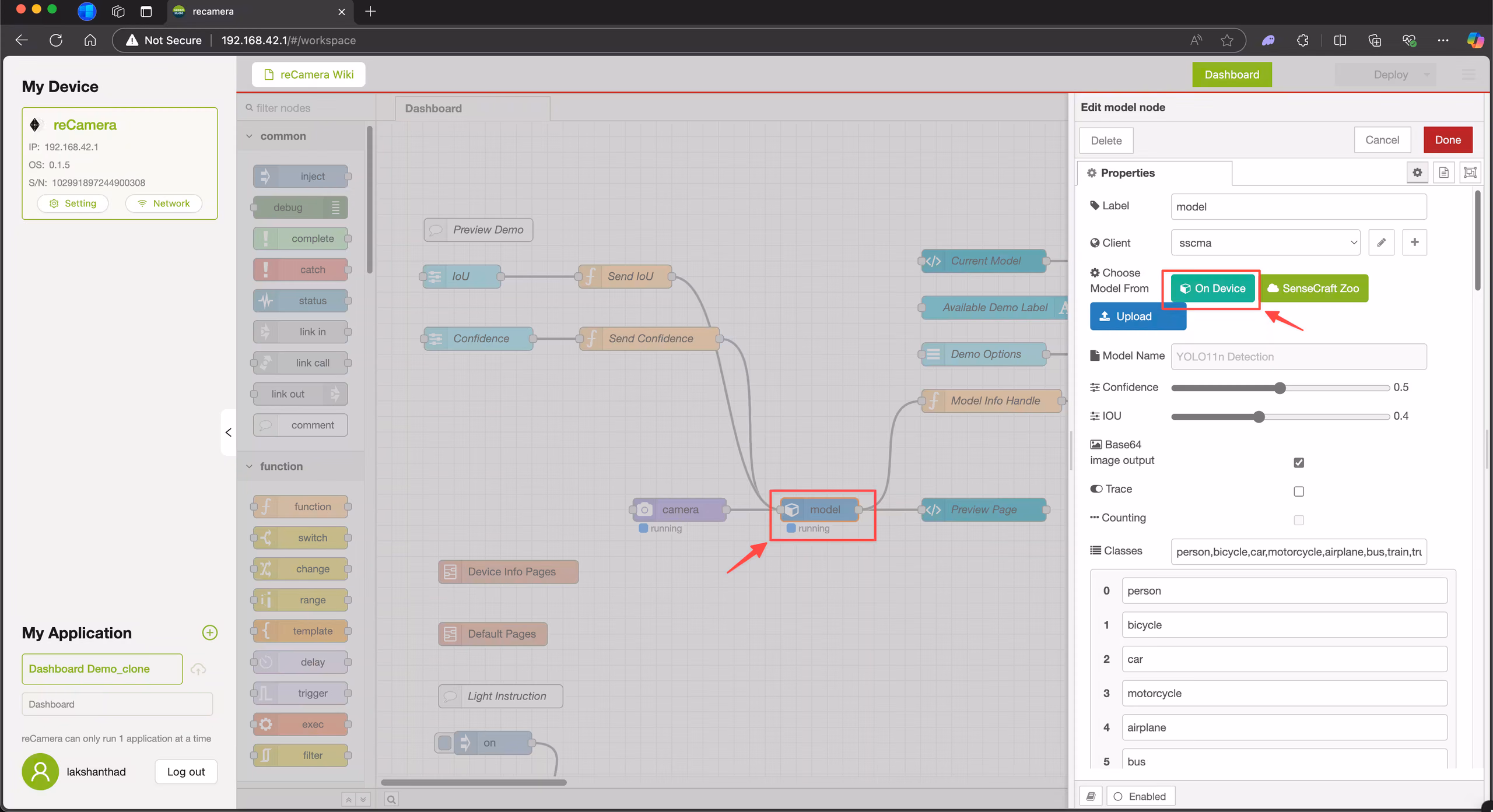 Node-RED model selection