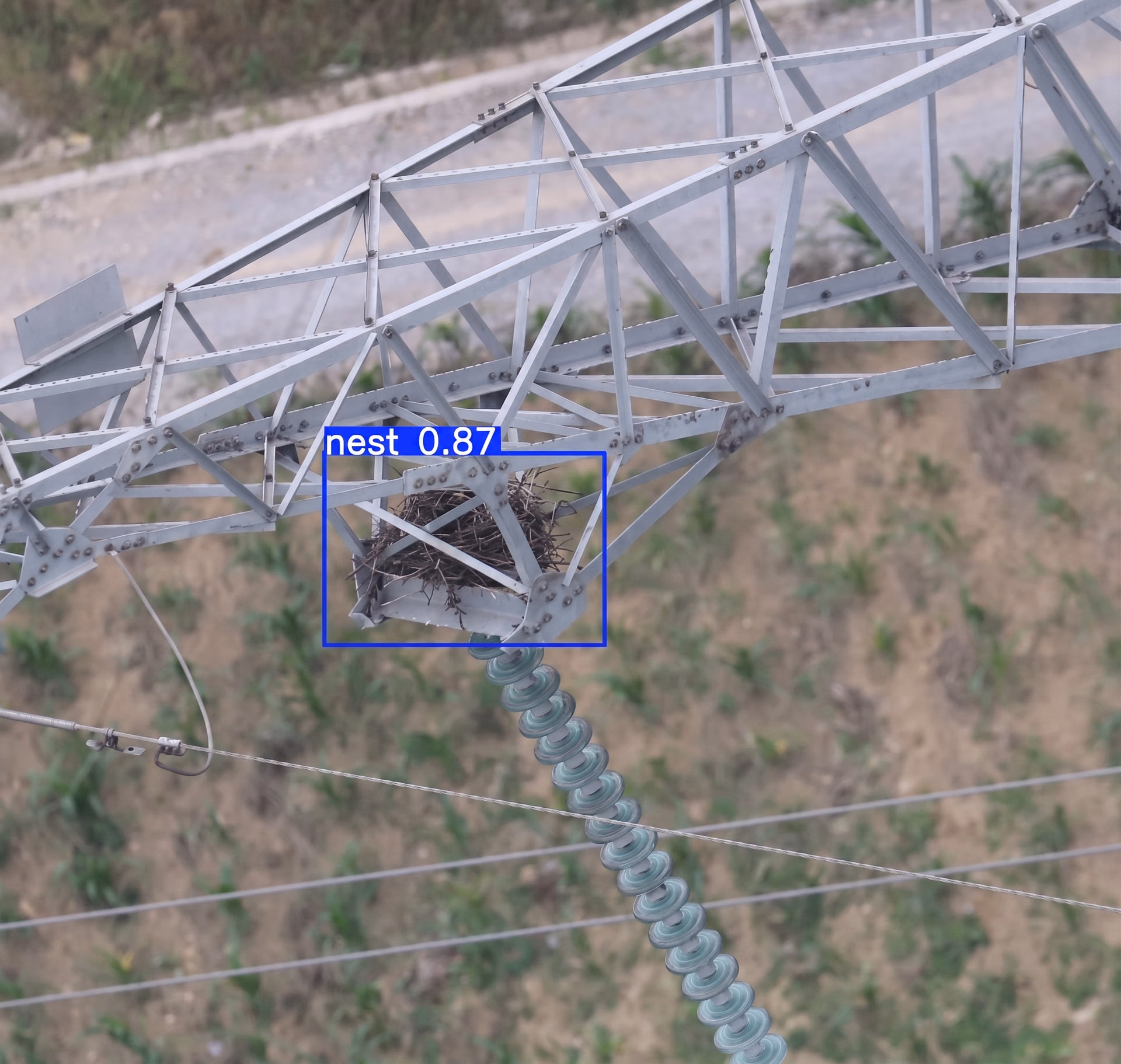 A computer vision model identifying a bird nest on a transmission tower