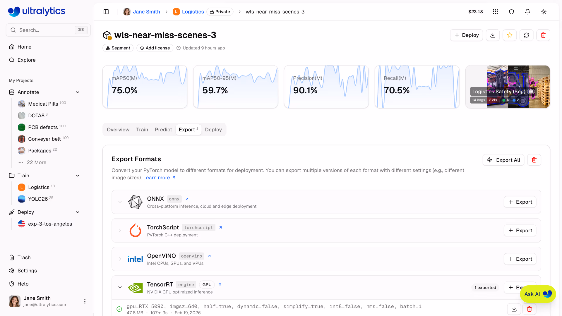 Ultralytics Platform Model Export Progress