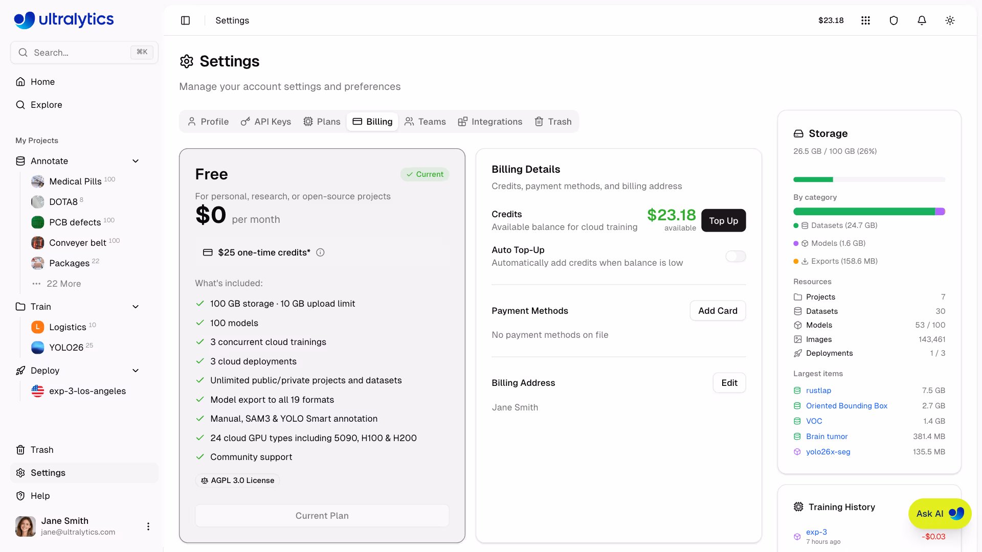 Ultralytics Platform Settings Billing Tab Credit Balance With Topup Button
