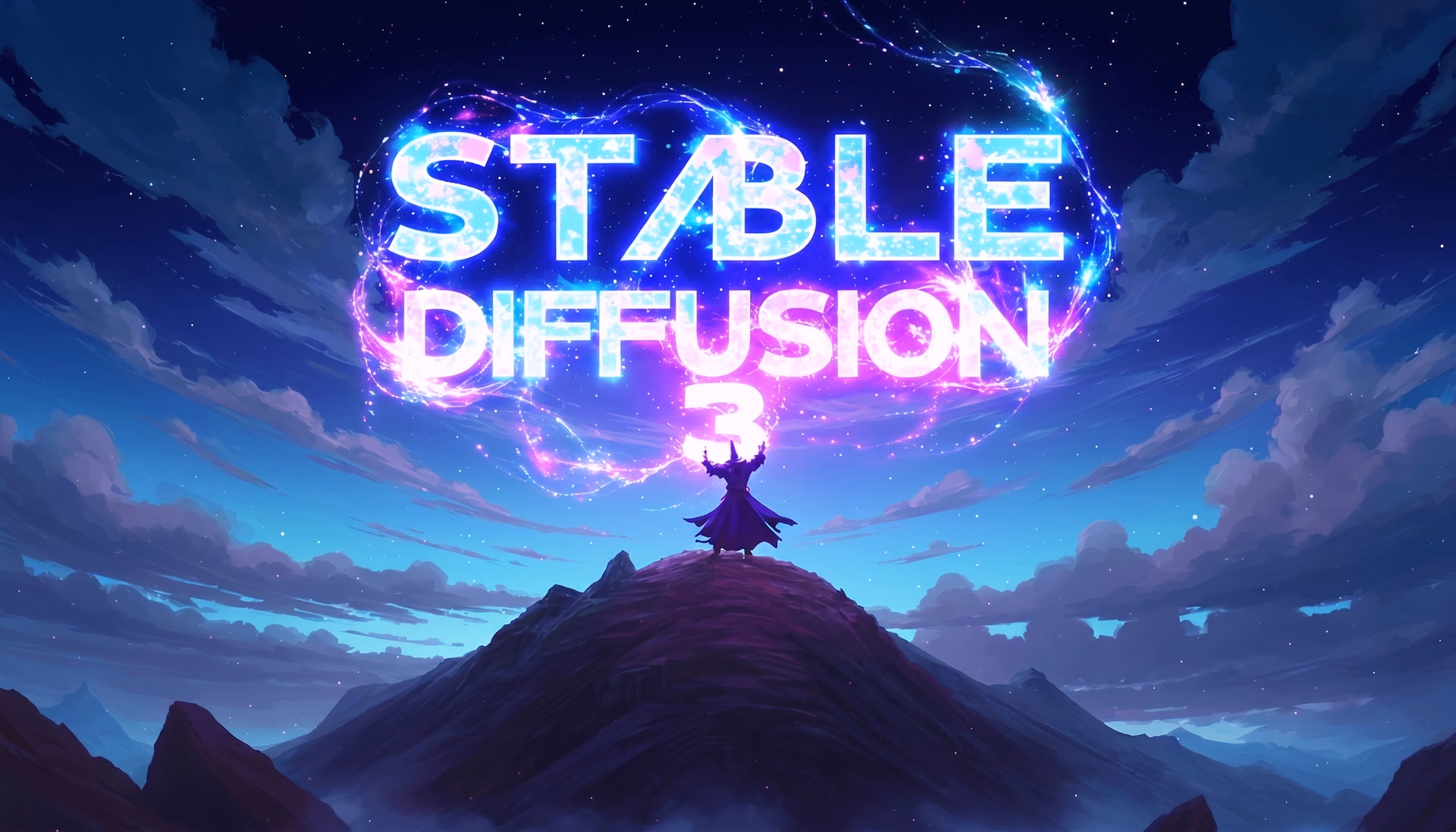 صورة تم إنشاؤها بواسطة Stable Diffusion 3 لساحر يلقي تعويذة كوانية