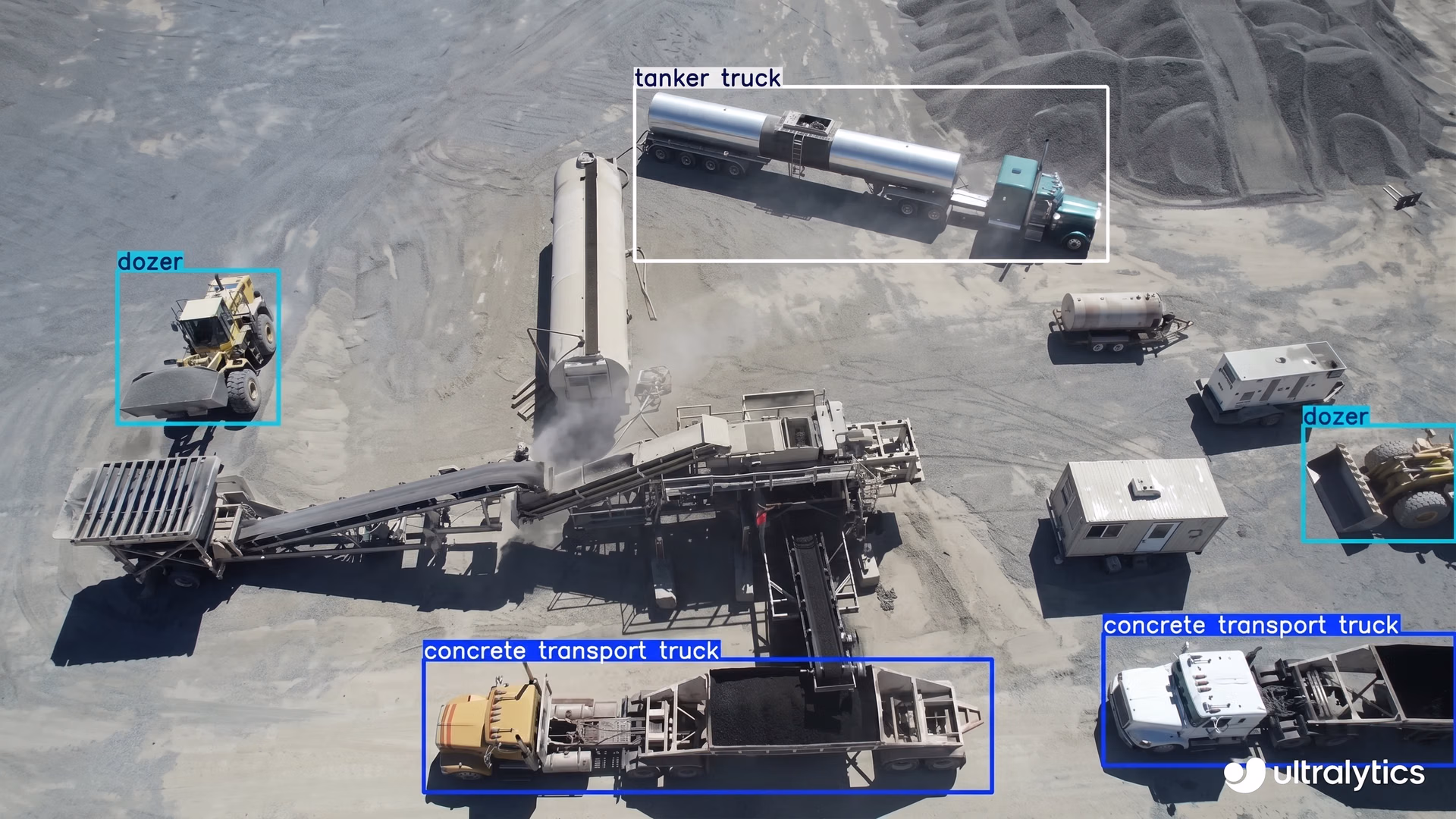 Un dron equipado con Ultralytics YOLO11 detectando vehículos y equipos en el lugar de trabajo