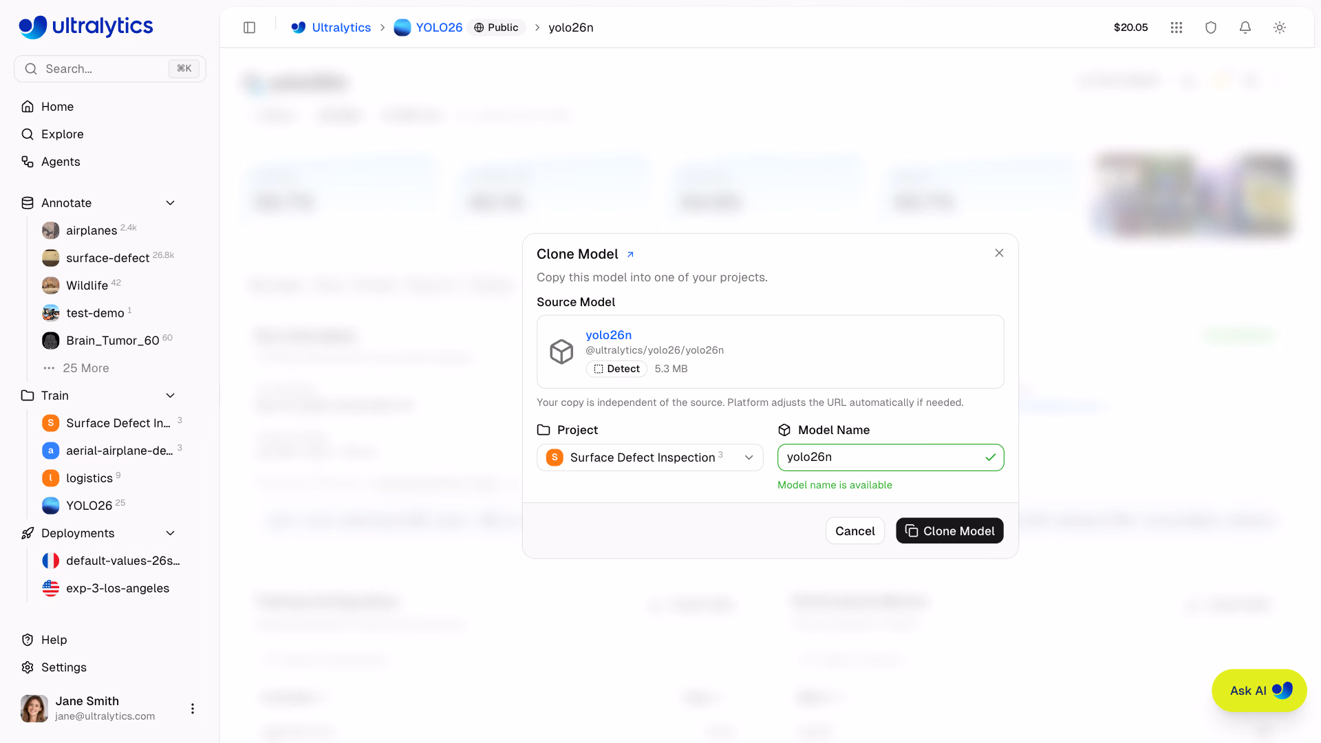 Ultralytics Platform Explore Clone Model Dialog