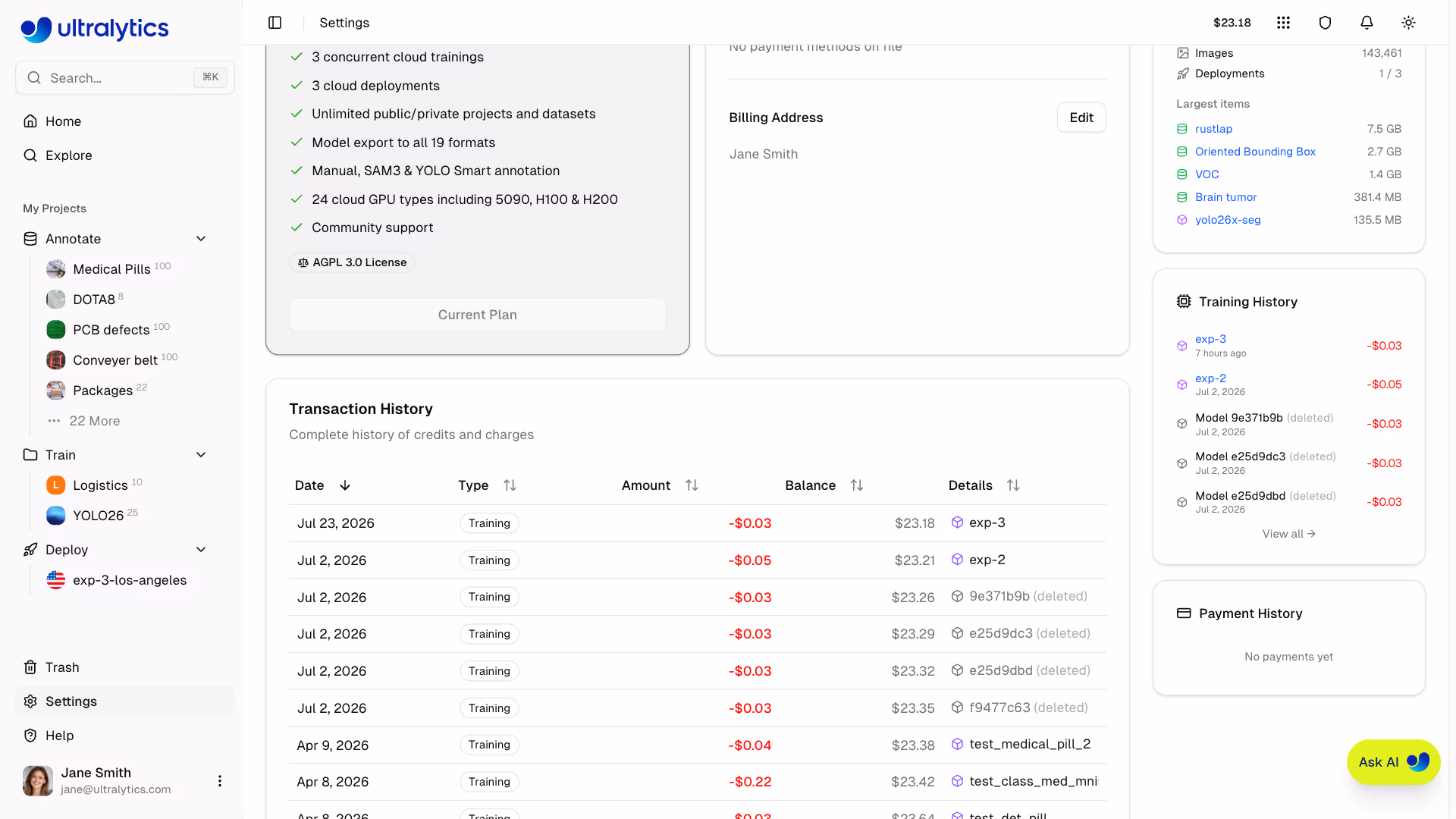 Ultralytics Platform Settings Billing Tab Transaction History Table