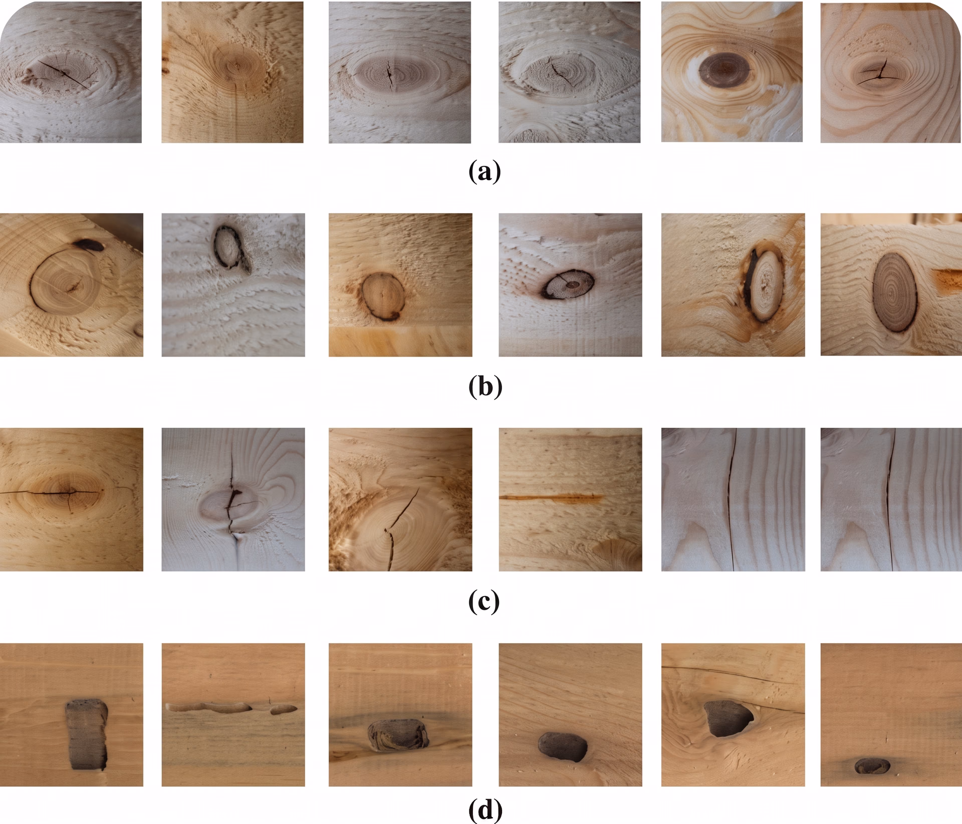 Wood defects like sound knots, unsound knots, cracks, and grub holes