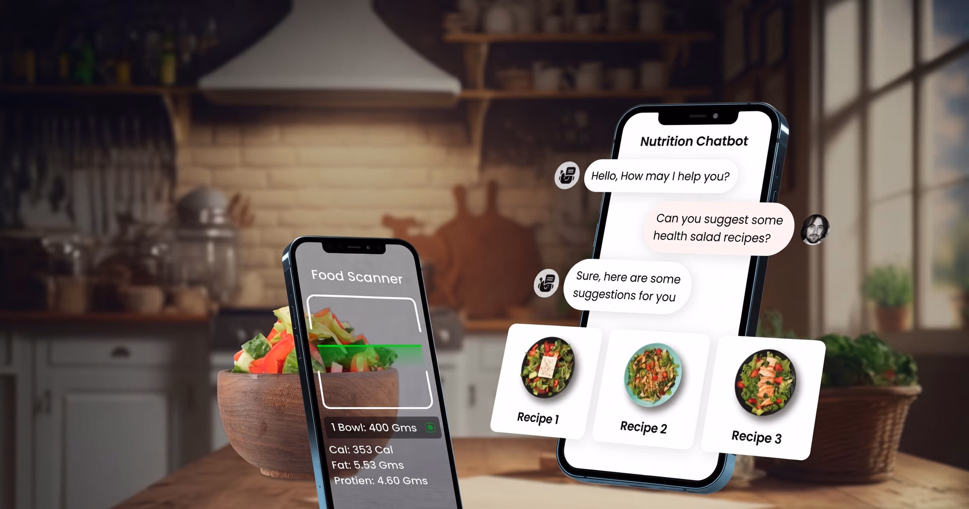 Chatbot de nutrição alimentado por IA a sugerir alimentos e a analisar refeições quanto a calorias