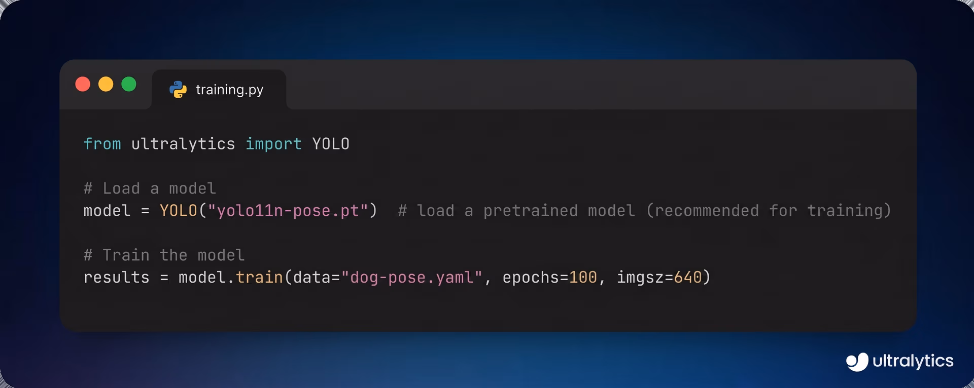Code snippet for custom-training Ultralytics YOLO11 on the Dog-Pose Dataset