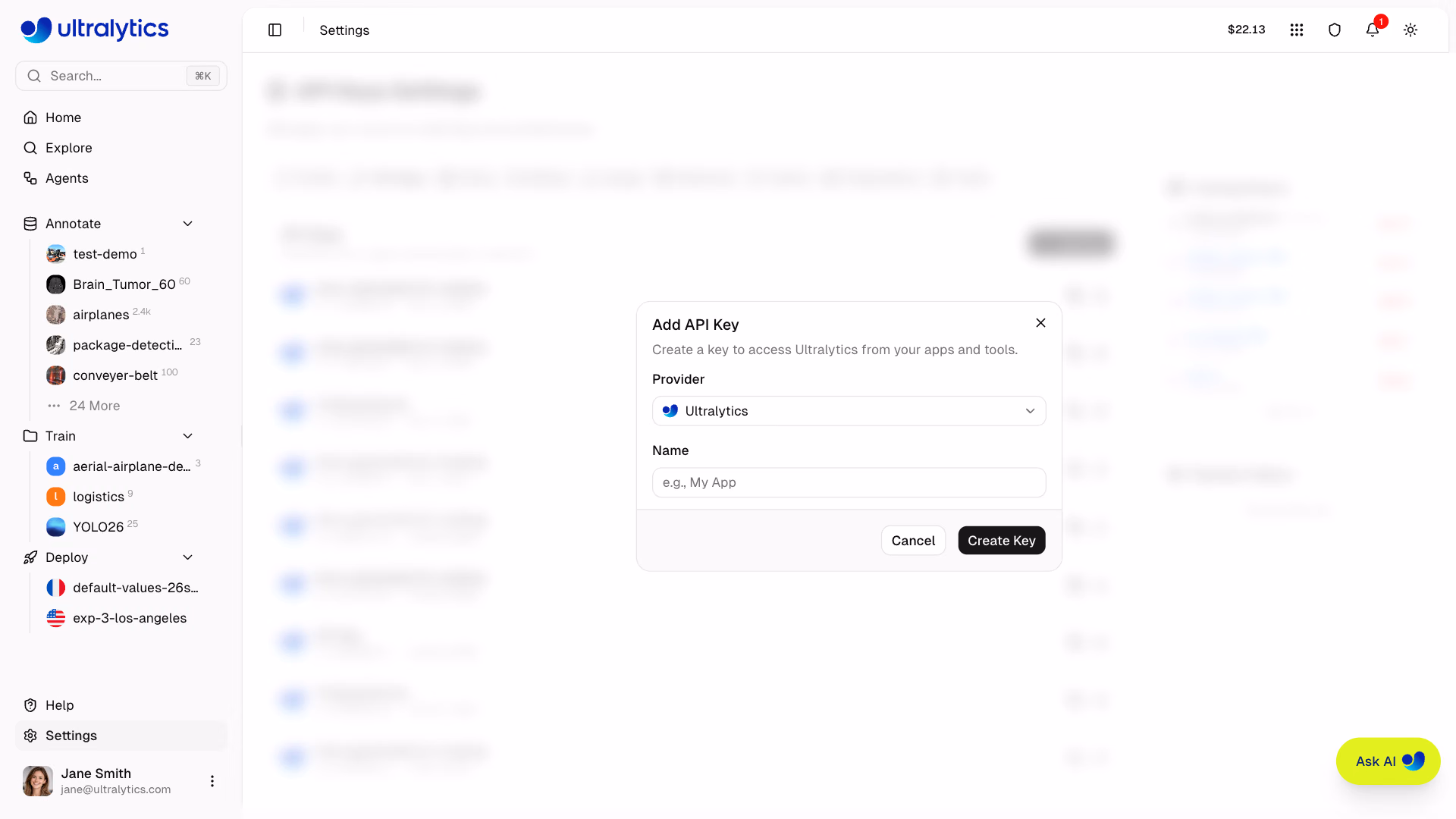 مربع حوار إنشاء مفتاح API في علامة تبويب مفاتيح API بإعدادات منصة Ultralytics