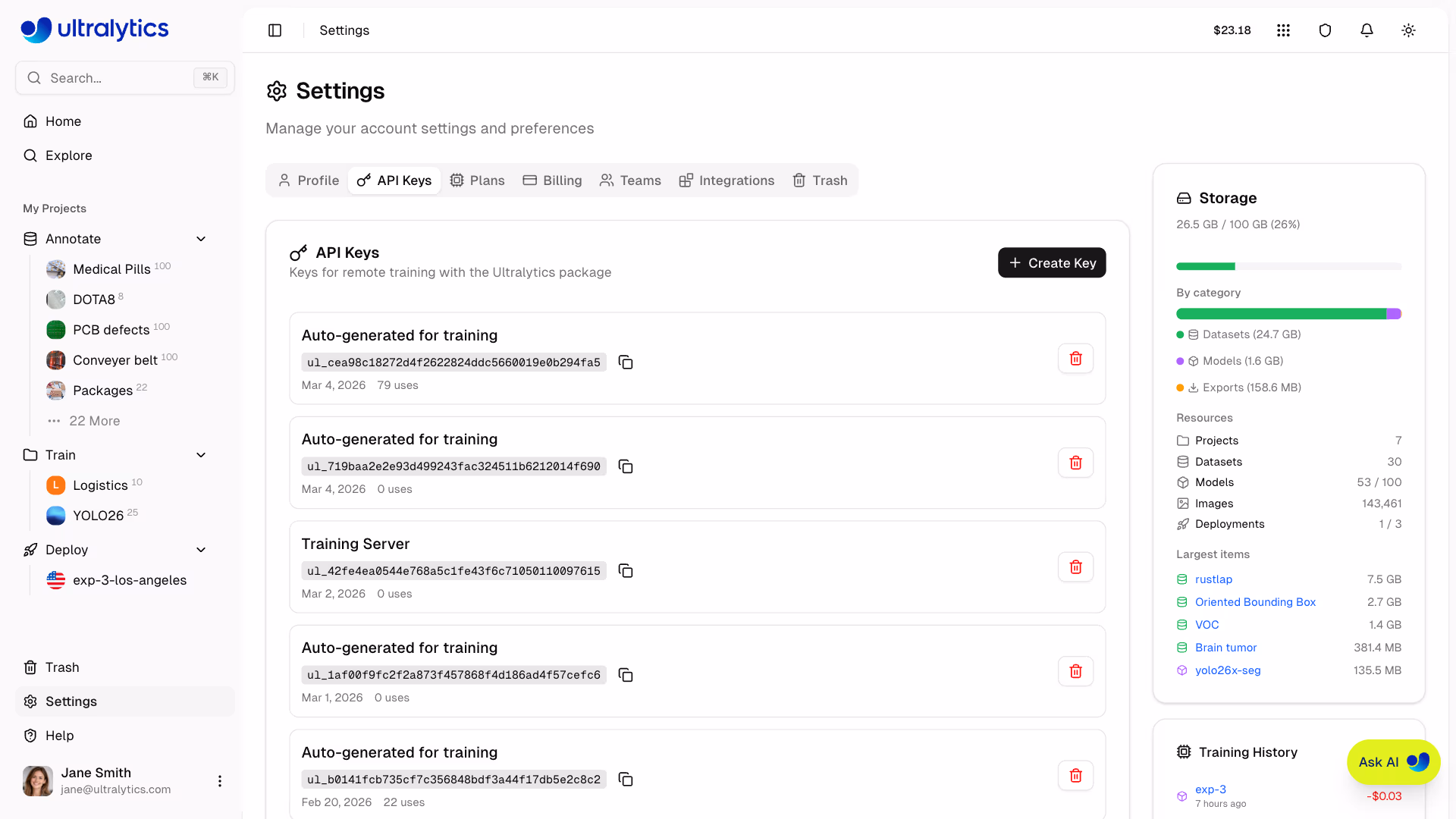 Ultralytics Platform Settings API Keys Tab Key List