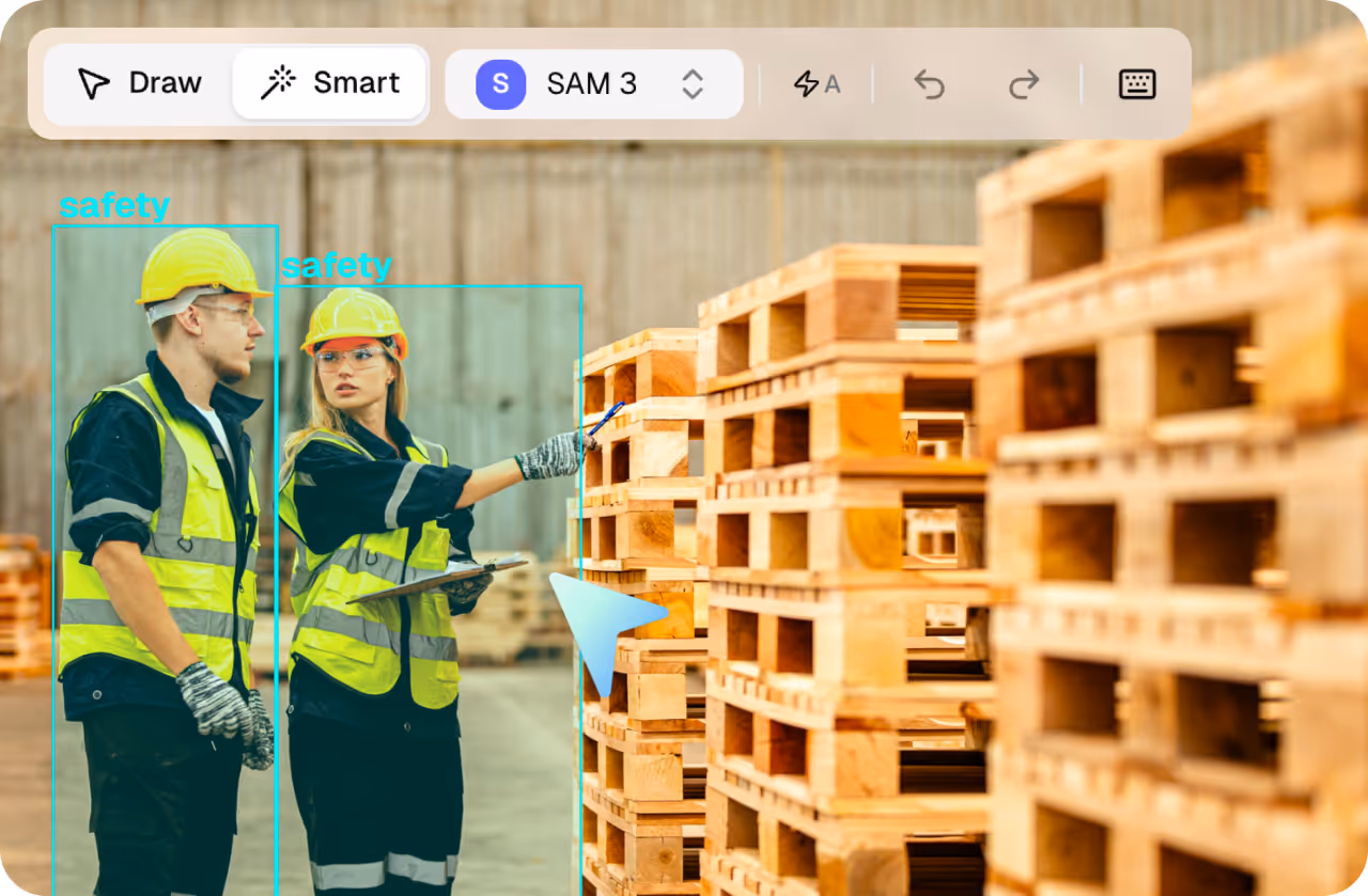 Two warehouse workers wearing yellow safety helmets and reflective vests inspecting wooden pallets.