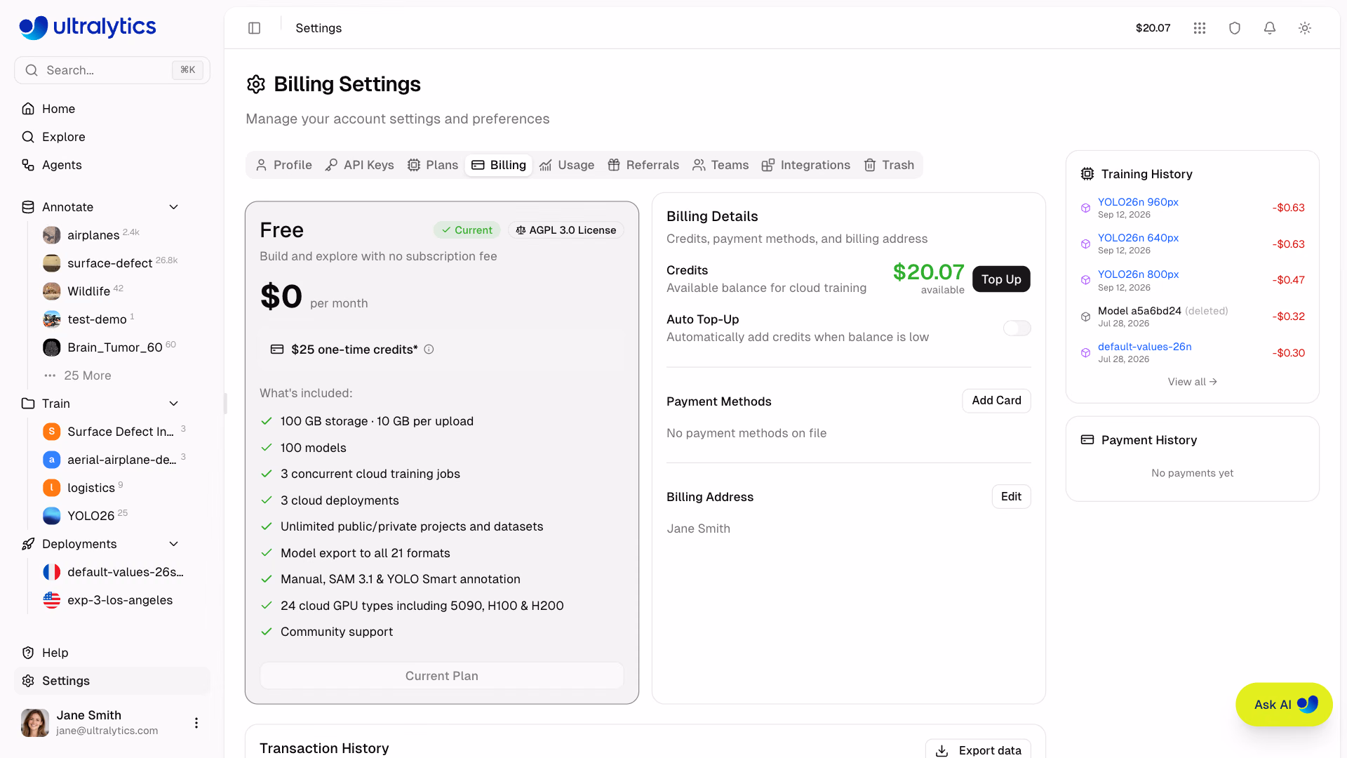 Ultralytics Platform Settings Billing Tab Credit Balance With Topup Button