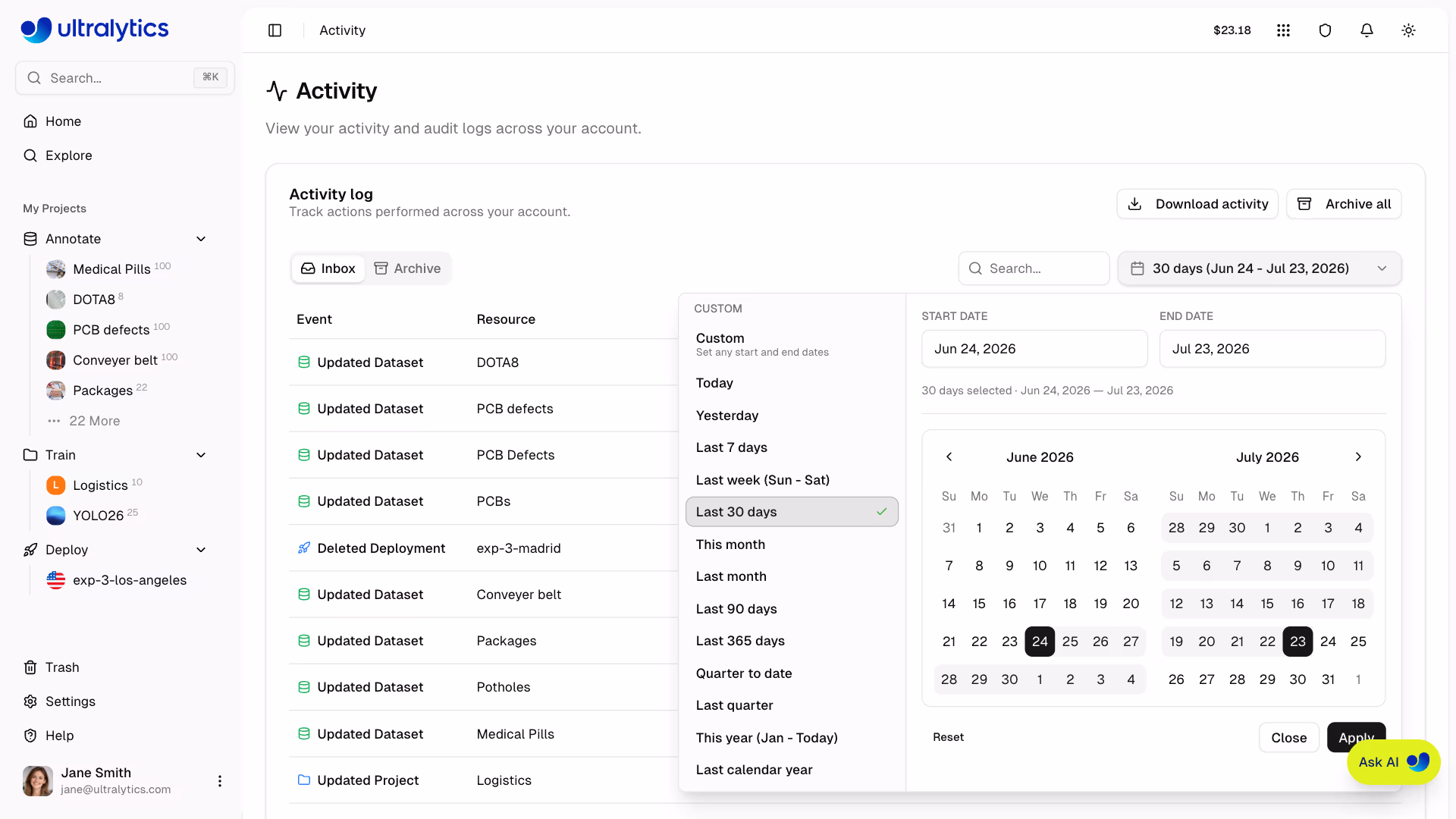 Ultralytics Platform Activity Page Date Range Picker Expanded