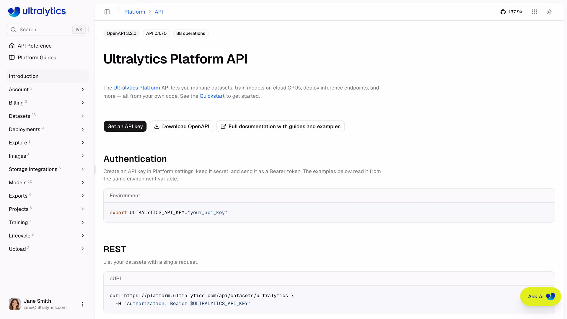 Ultralytics Platform Interactive API Documentation